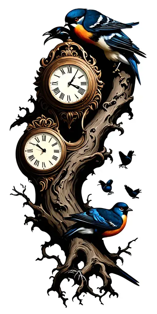 tree and clock and 2 adult birds and 3 baby birds tattoo design idea