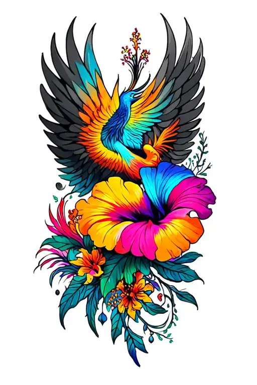 psychedelic hibiscus flowers and phoenix tattoo design idea