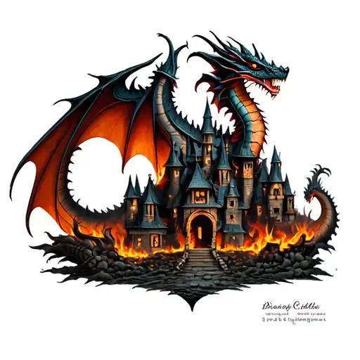 Dragon castle at the top of burned down village with dragon at the bottom tattoo design idea