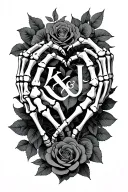 skeleton hands that make a love heart with roses intertwined and with the letters K & J tattoo design idea
