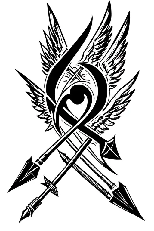 Tribal tattoo of 6 arrows crossed over each other, 2 bullets outside of them, and angel wings. Loose "s" shape to image tattoo design idea