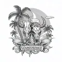Two palm trees with a bull skull wearing with this text somewhere "MMII" tattoo design idea