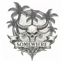 Two palm trees with a bull skull wearing with this text somewhere "MMII" tattoo design idea