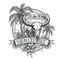 Two palm trees with a bull skull wearing with this text somewhere "MMII" tattoo design idea