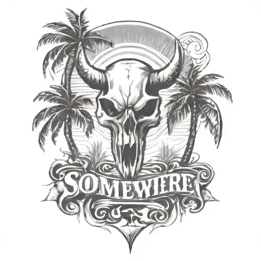 Two palm trees with a bull skull wearing with this text somewhere "MMII" tattoo design idea