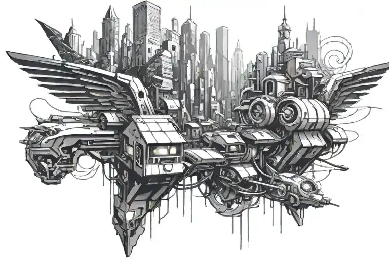 (futuristic illustration), Cyberpunk Fairy Tales, vibrant neon colors, blending technology and magic, urban cityscape, g tattoo design idea