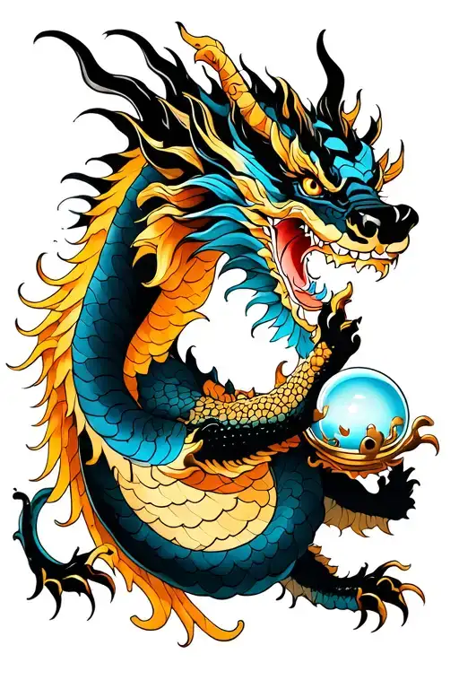 asian style dragon holding a clear orb black with blue accents tattoo design idea