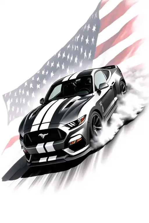 2018 ford mustang gt car going fast against a patriotic American flag background tattoo design idea