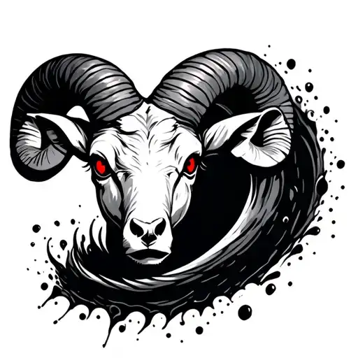 ram's head with red eyes as silhouette looks out of black hole tattoo design idea