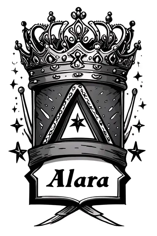 the name Alara with a princess crown on the a and stars behind it tattoo design idea