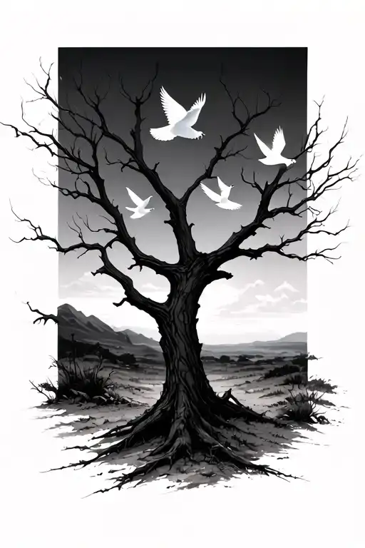 A stark, leafless dead tree standing alone in a barren landscape. Four white doves are flying gracefully in front of the tattoo design idea