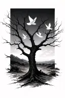 A stark, leafless dead tree standing alone in a barren landscape. Four white doves are flying gracefully in front of the tattoo design idea