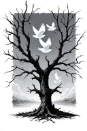 A stark, leafless dead tree standing alone in a barren landscape. Four white doves are flying gracefully in front of the tattoo design idea
