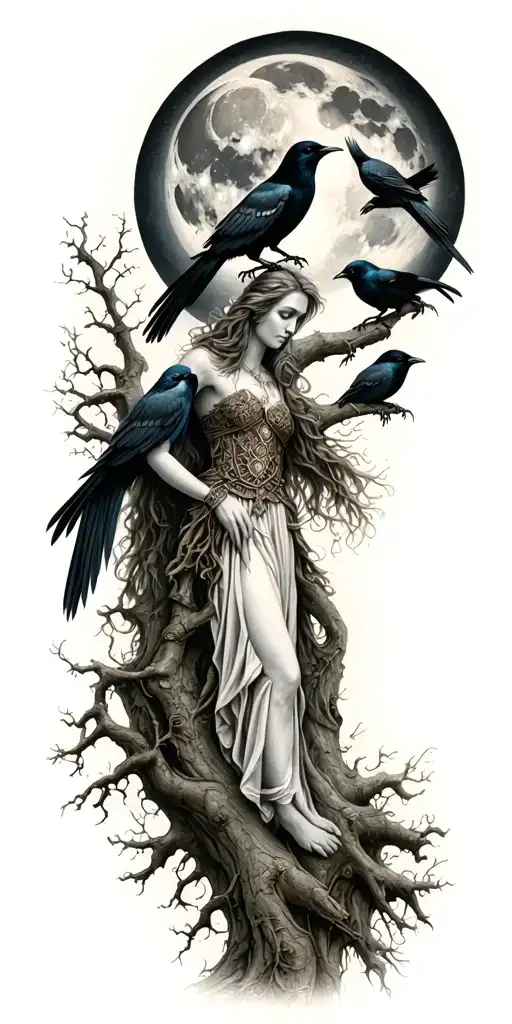 the morrigan Irish goddess with crows an old oak tree growing and bright moonlight tattoo design idea