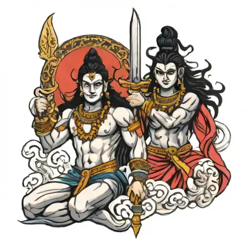 lord shiva with warrior wielding a sword tattoo design idea