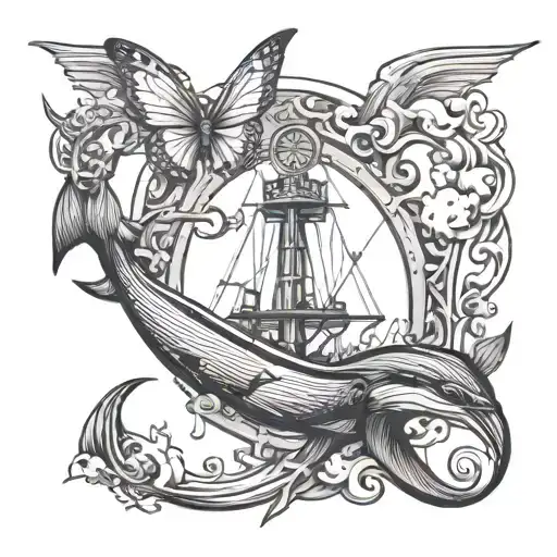 butterfly's flying anchor dolphins swimming gracefully tattoo design idea