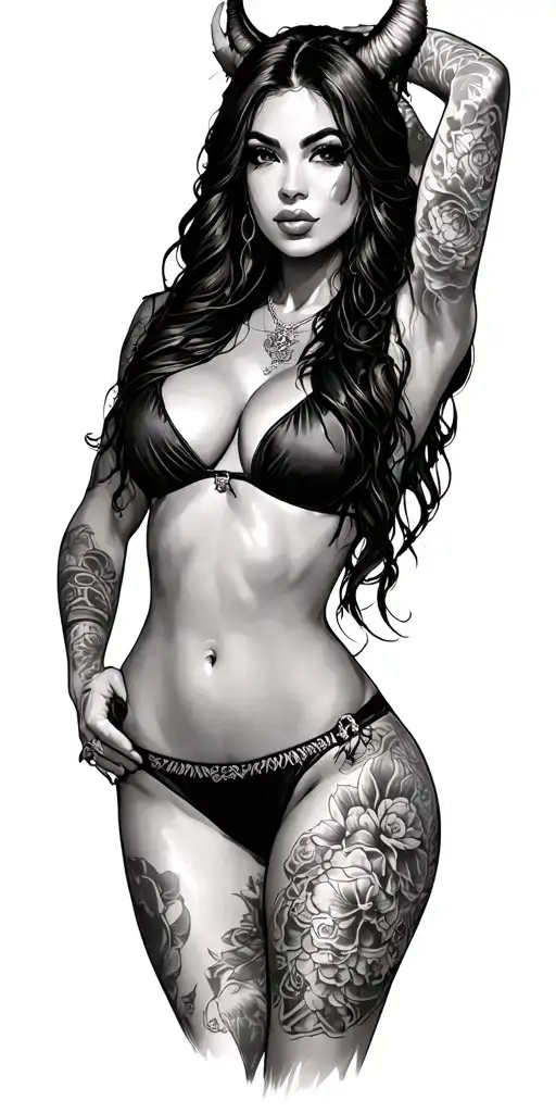 Sexy beautiful girl, petite, big boobs, wide hips, bikini . long hair,sexual. Seductive. Full Body, succubus  tattoo design idea
