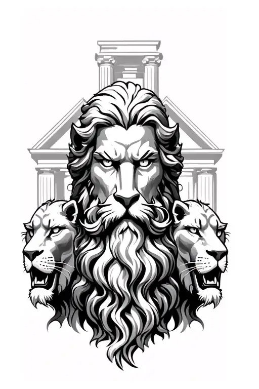 foreboding bearded greek god head with glowing eyes flanked by 2 roaring lions looking at you. Greek temple behind them. tattoo design idea