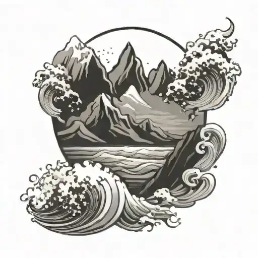 circular mountain and sea waves crashing tattoo design idea