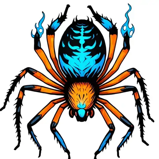 spider with blue flame markings on side of it's abdomen  tattoo design idea
