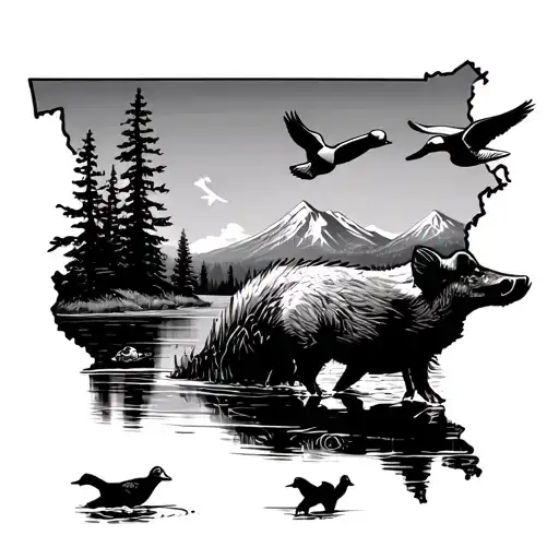 Arkansas landscape with ducks landing and flying. wild boars and small mountains in the back ground. tattoo design idea