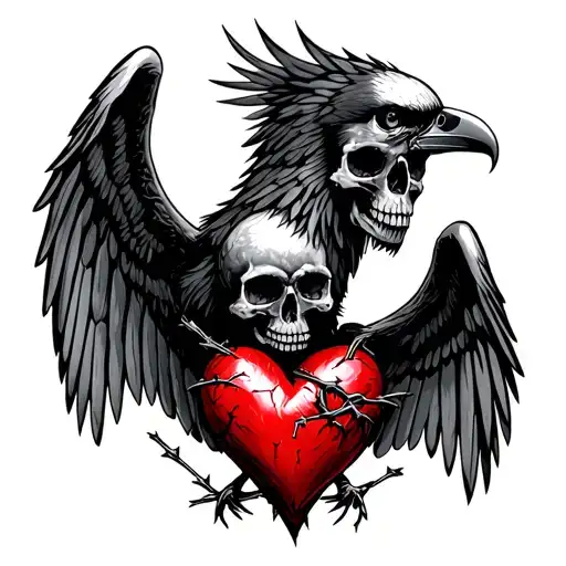 heart love two skulls barbed wire raven with outstretched wings tattoo design idea