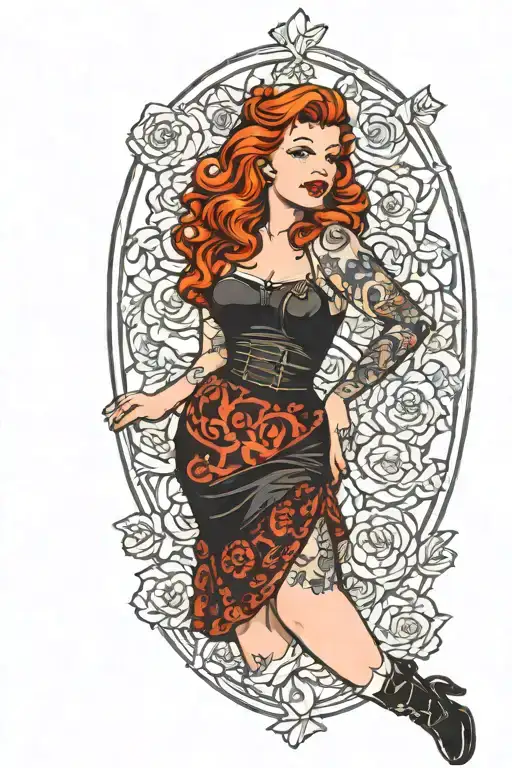 chubby Redhead goth pinup girl standing sexy lingerie tattoo design idea