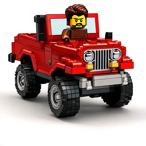 brown hair man with curled beard and mustache in a red 1981 jeep cj7 lego tattoo design idea