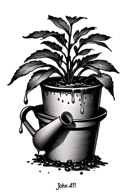 a withered potted plant with a watering can dripping water on it and the verse John 4:11 written under it tattoo design idea