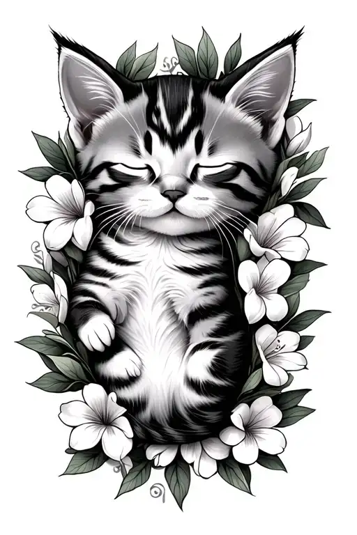 Cartoon kitten sleeping in a bed of flowers lilly wrapped tattoo design idea