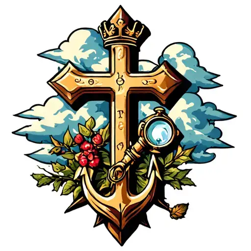cross with a crown and an ancre and and a spyglass and a thornbush with clouds tattoo design idea
