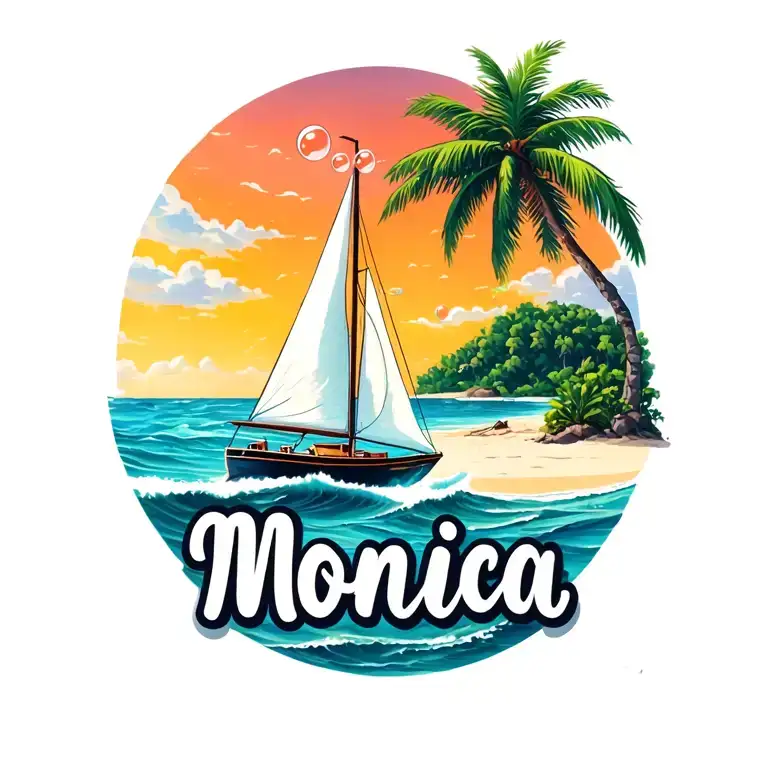 "Monica" "Monica" "Monica" white sailboat sailing away towards sunrise sky, ocean, island with palm, beach, bubble letters at bottom tattoo design idea