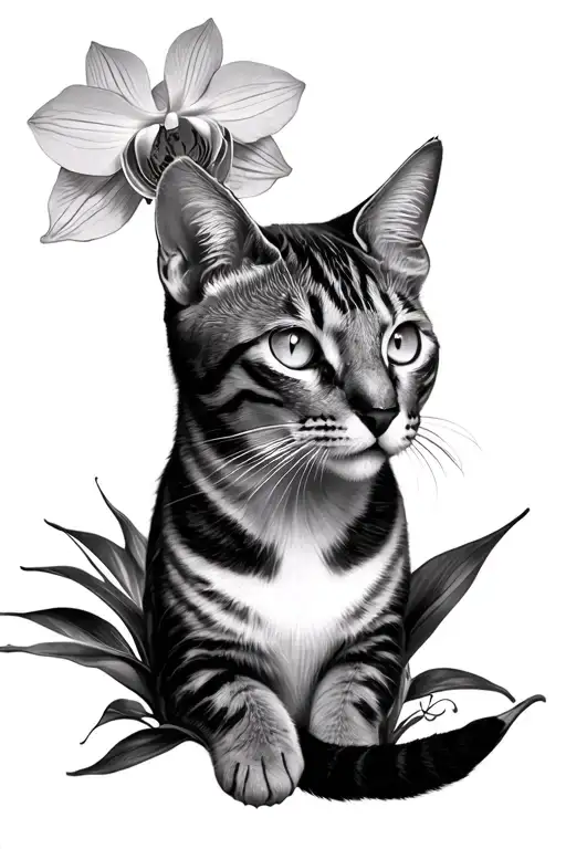 Cat between Orquideas and Guacamaya tattoo design idea
