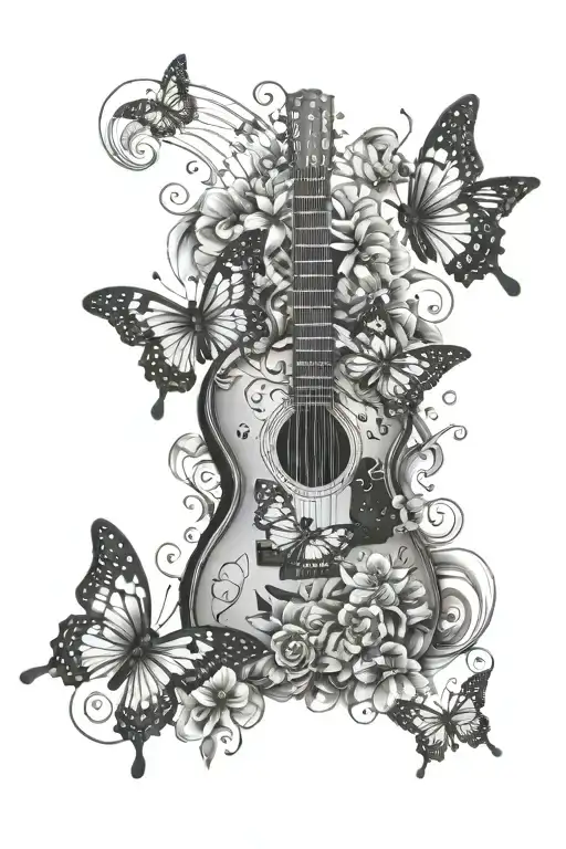 half sleeve for man. musical or guitar element. 2 small butterflies, one large butterfly (do not make more butterflies) tattoo design idea