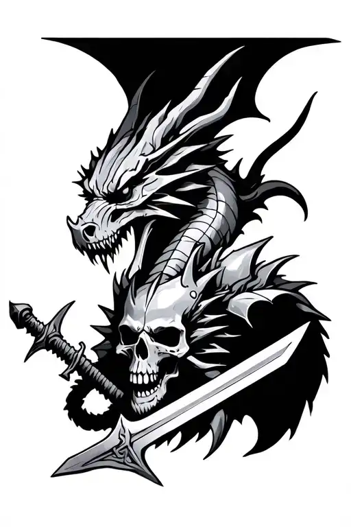 Dragon with skulls and a knight with a sword tattoo design idea