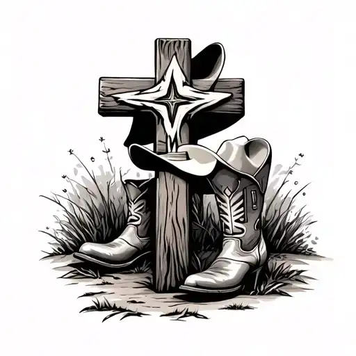 wooden cross with a cowboy hat on left arm of cross and cowboy boots on right side of cross on ground tattoo design idea