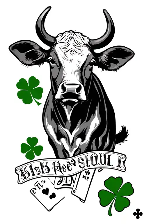 cow soul, welder, cross, four leaf clover, playing cards, TH stamp, and name fourarm sleeve tattoo design idea