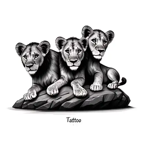 3 lion cubs, each laying on a rock with names through the rock tattoo design idea