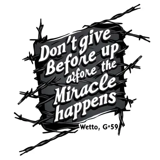 Barbed wire surrounding text that reads "Don't give up before the miracle happens - Wetto, G*59" tattoo design idea