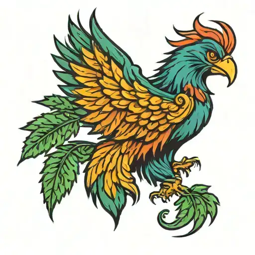 A traditional style tattoo of a cannabis leaf morphing into a phoenix, symbolizing rebirth and overcoming pain tattoo design idea