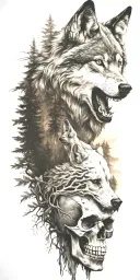 wolf and forest and mountains and skull tattoo design idea