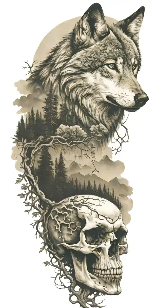wolf and forest and mountains and skull tattoo design idea