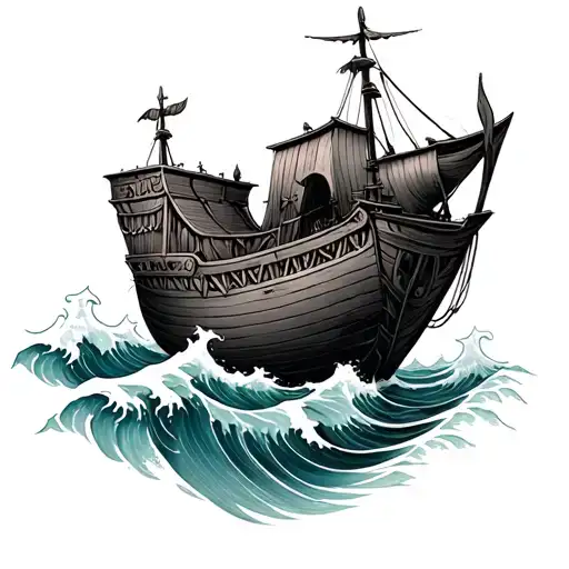 noahs ark realism with waves tattoo design idea
