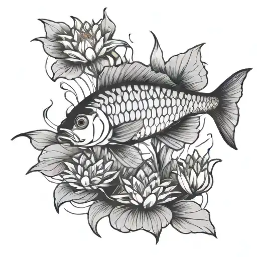 fish swimming underwater surrounded Lilly pads tattoo design idea