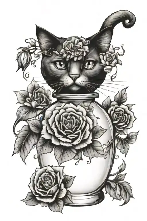 cat flowers perfume bottle tattoo design idea
