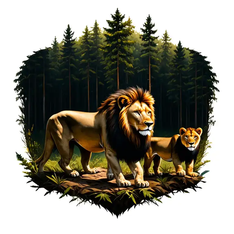 male lion with female lion and cub walking in a dense forest  tattoo design idea