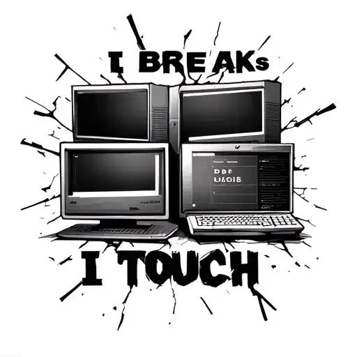 New age, black and white, broken computers with text that says `I break DBs I touch` tattoo design idea