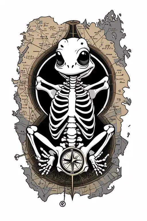 nautical map with frog skeleton and compass tattoo design idea