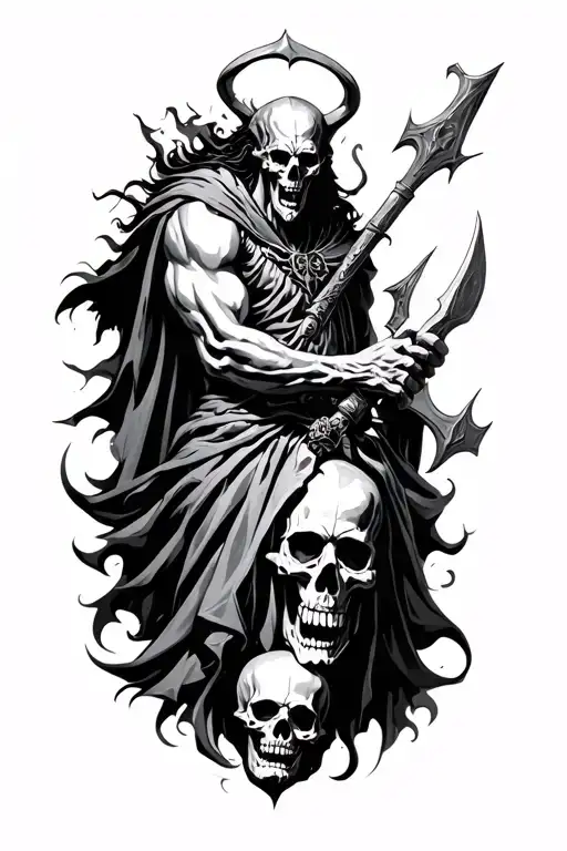 hades the god of the underworld fighting area the good of war with skulls all around tattoo design idea