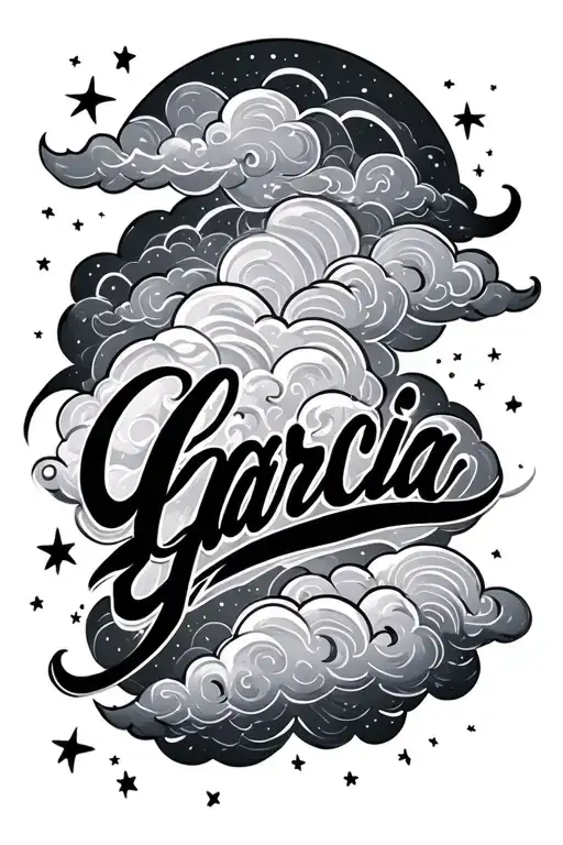 "garcia" in cursive reverse shading with clouds and stars tattoo design idea